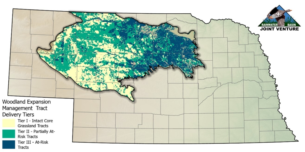 Figure 3. Woodland expansion delivery tiers, indicating treatment priority, consistent with the Working Lands for Wildlife framework concepts of "Defend the Core, Grow the Core, and Mitigate Impacts" as it relates to Sandhills grasslands.
