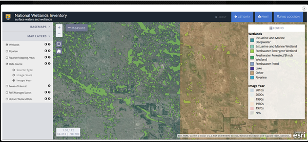 Image from the NWI mapper for an area in Holt County about 5 miles north of Chamber. The area in blue on the left is an updated area and the area in tan on the right is the original NWI data.